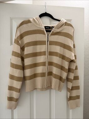 RD Style Beige and Tan Striped Zip Hoodie Cardigan
